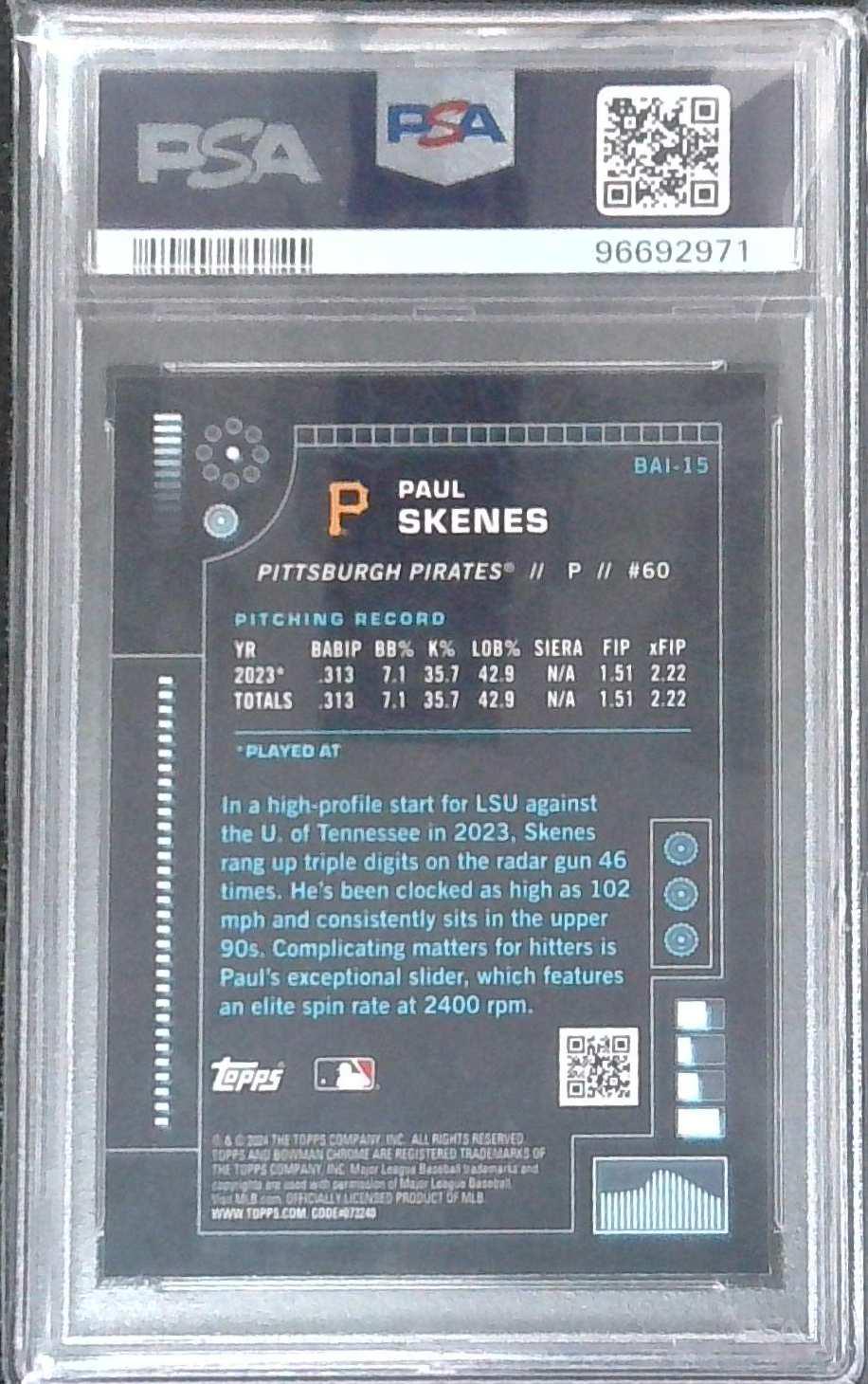 2024 Bowman PAUL SKENES Chrome AI Rookie BAI15 RC PSA 10 Great