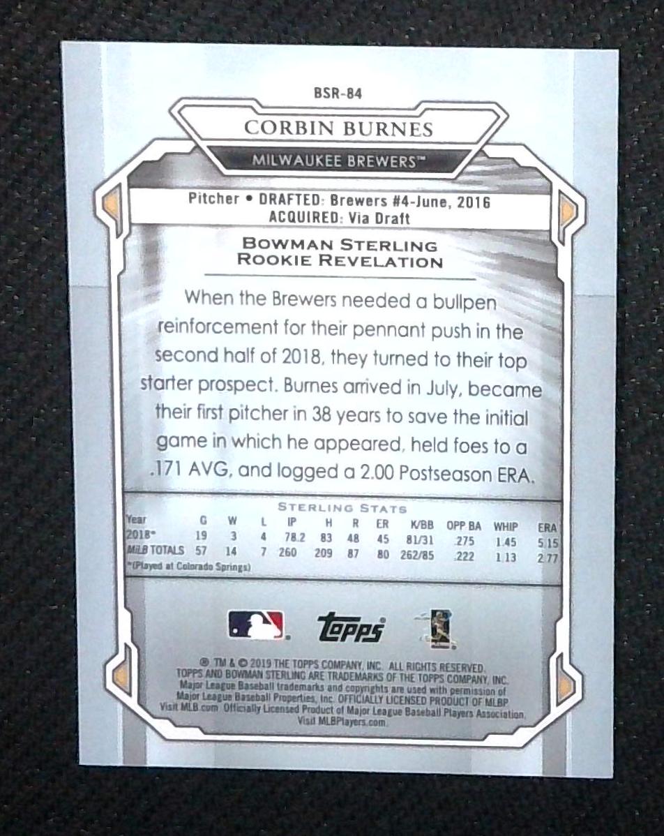 2019 Bowman Sterling Corbin Burnes Gold Rookie RC /50