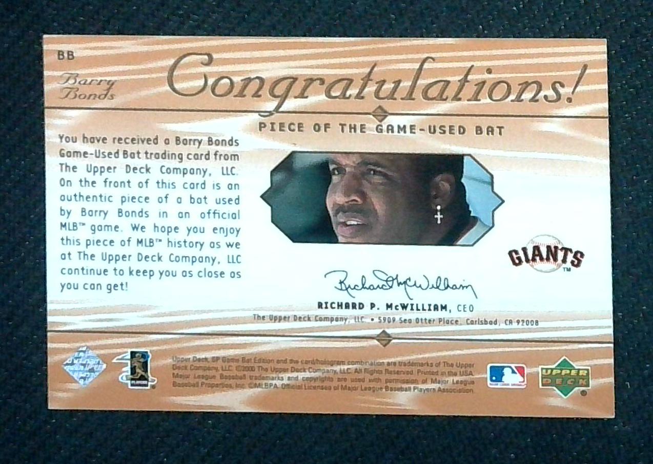 2000 SP Piece Of The Game Barry Bonds Game Used Bat Relic