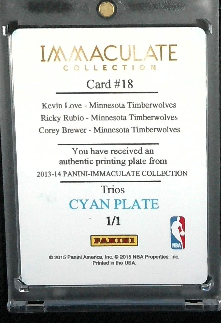 2013-14 Immaculate Kevin Love, Ricky Rubio, Corey Brewer Printing Plate 1/1