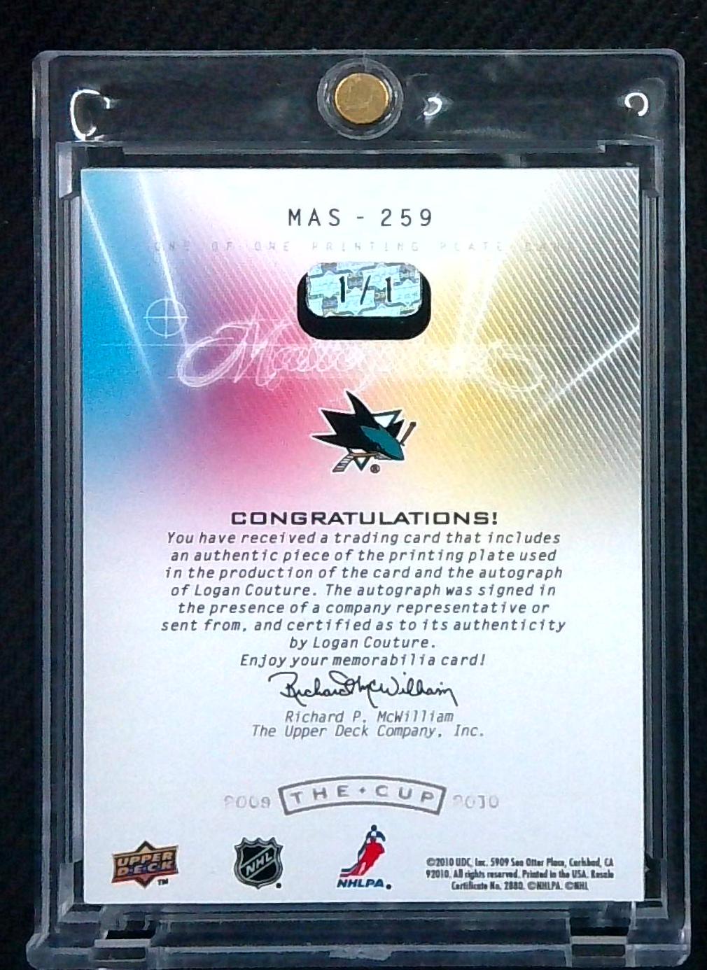 2009-10 UD The Cup Masterpieces Printing Plate Logan Couture AUTO 1/1