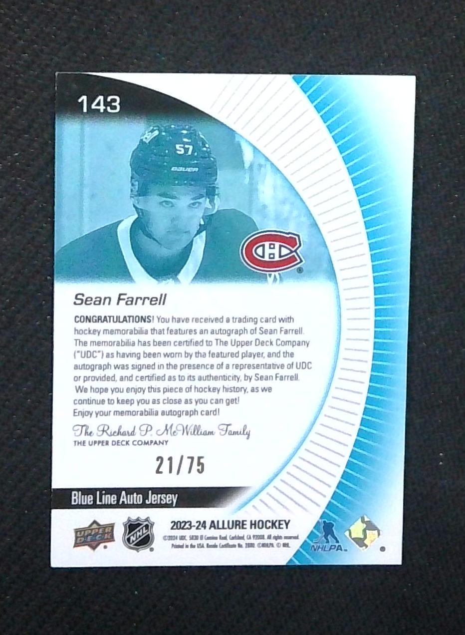 2023-24 UPPER DECK ALLURE ROOKIE #143 SEAN FARRELL BLUE LINE JERSEY AUTO 21/75