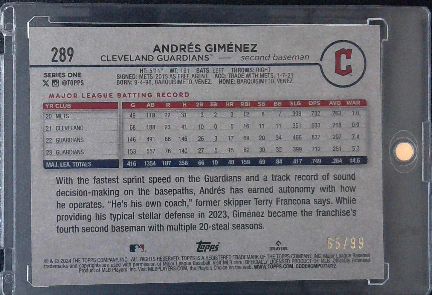 2024 Topps Series 1 - Andres Gimenez Variation 289 Vintage Stock #d /99