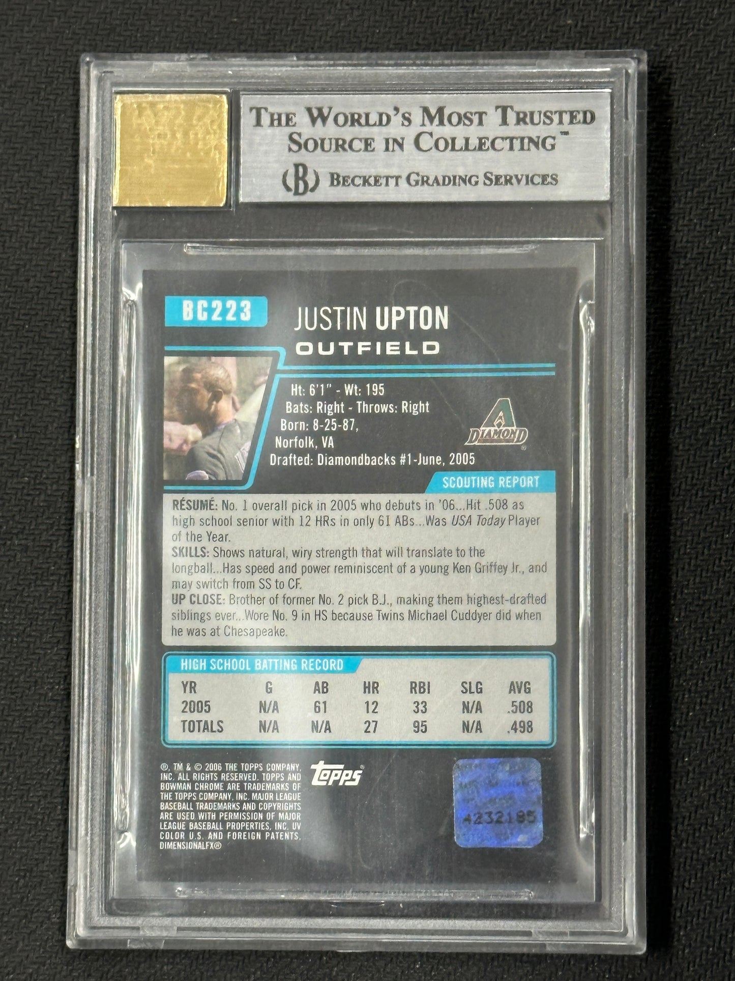 2006 Bowman Chrome Justin Upton 1st Bowman Auto BGS 9/10 Mint