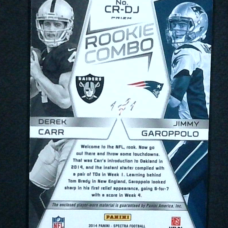 2014 Spectra Derek Carr Jimmy Garoppolo Dual Shield Rookie 1/1 Rookie Combo