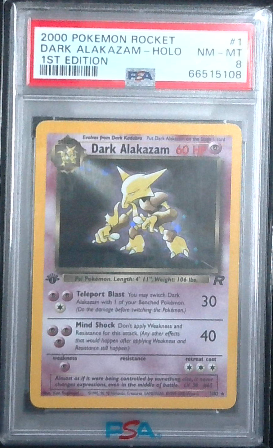 Pokémon Dark Alakazam #1/82 Unlimited Holo Rare - 2000 Team Rocket - PSA 8 NM-MT