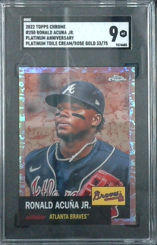 2022 Topps Chrome Platinum Anniversary Platinum Toile Cream/Rose Gold Refractor #250 Ronald Acuna Jr. /75 SGC 9