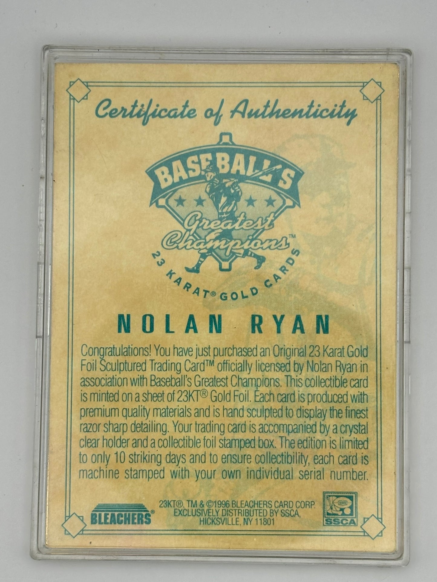 Nolan Ryan 1996 Bleachers Baseball's Greatest Champions All-Time Strikeout King 23Kt Gold Card