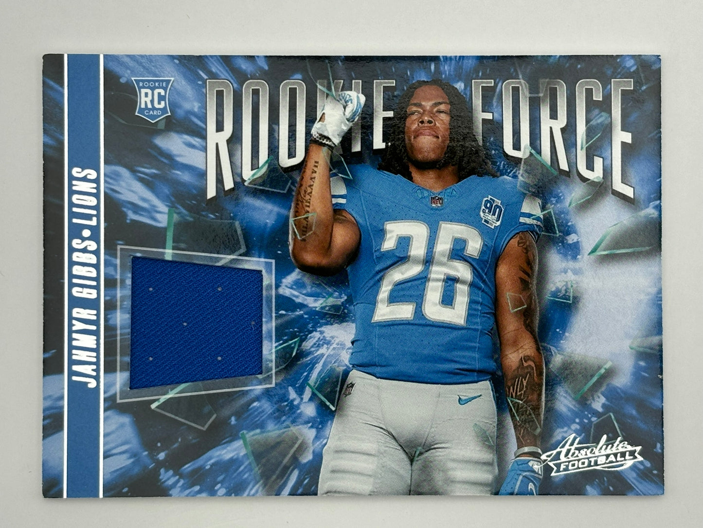 JAHMYR GIBBS 2023 PANINI ABSOLUTE ROOKIE FORCE JESERY PATCH DETROIT LIONS RC