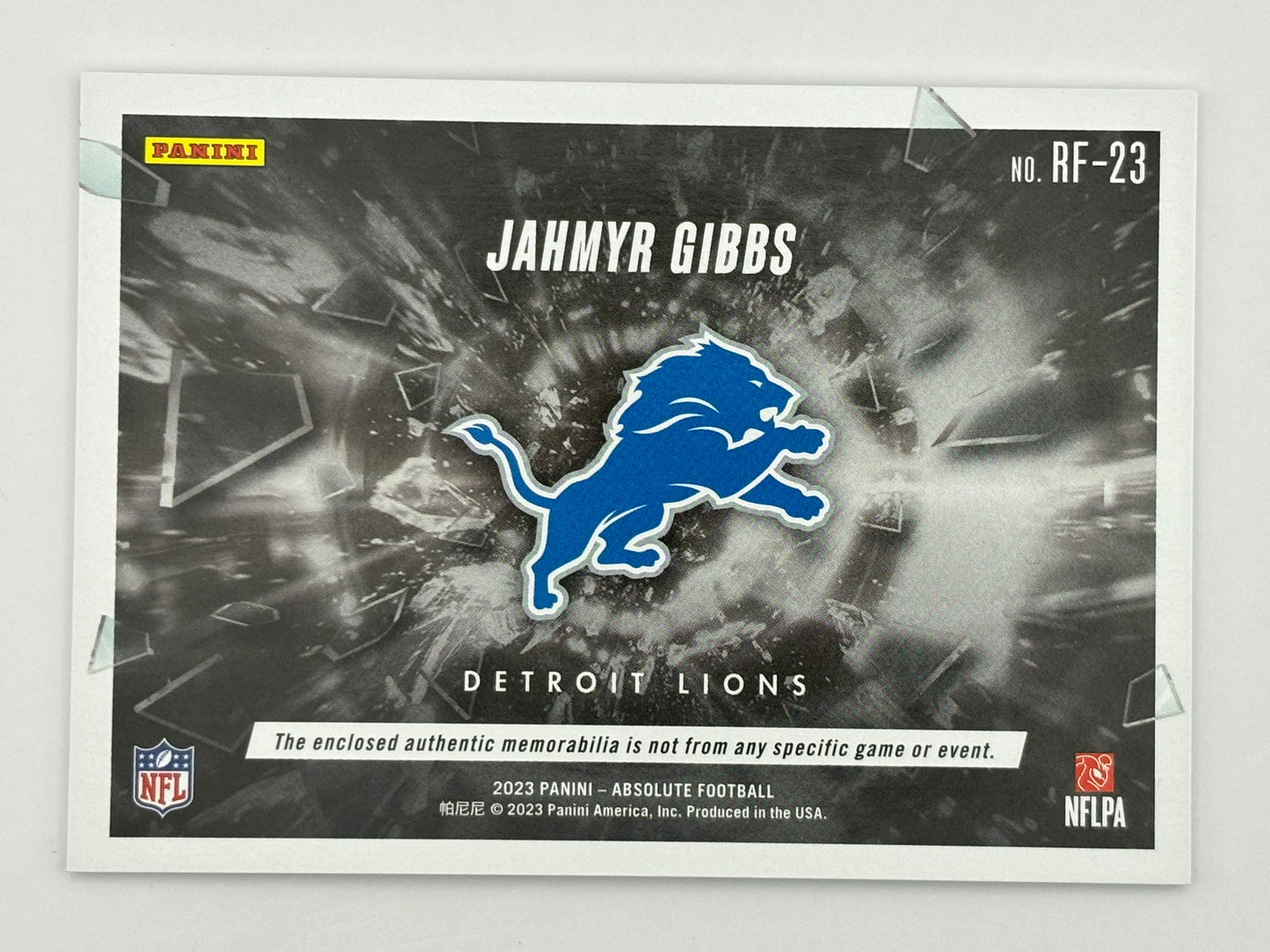 JAHMYR GIBBS 2023 PANINI ABSOLUTE ROOKIE FORCE JESERY PATCH DETROIT LIONS RC