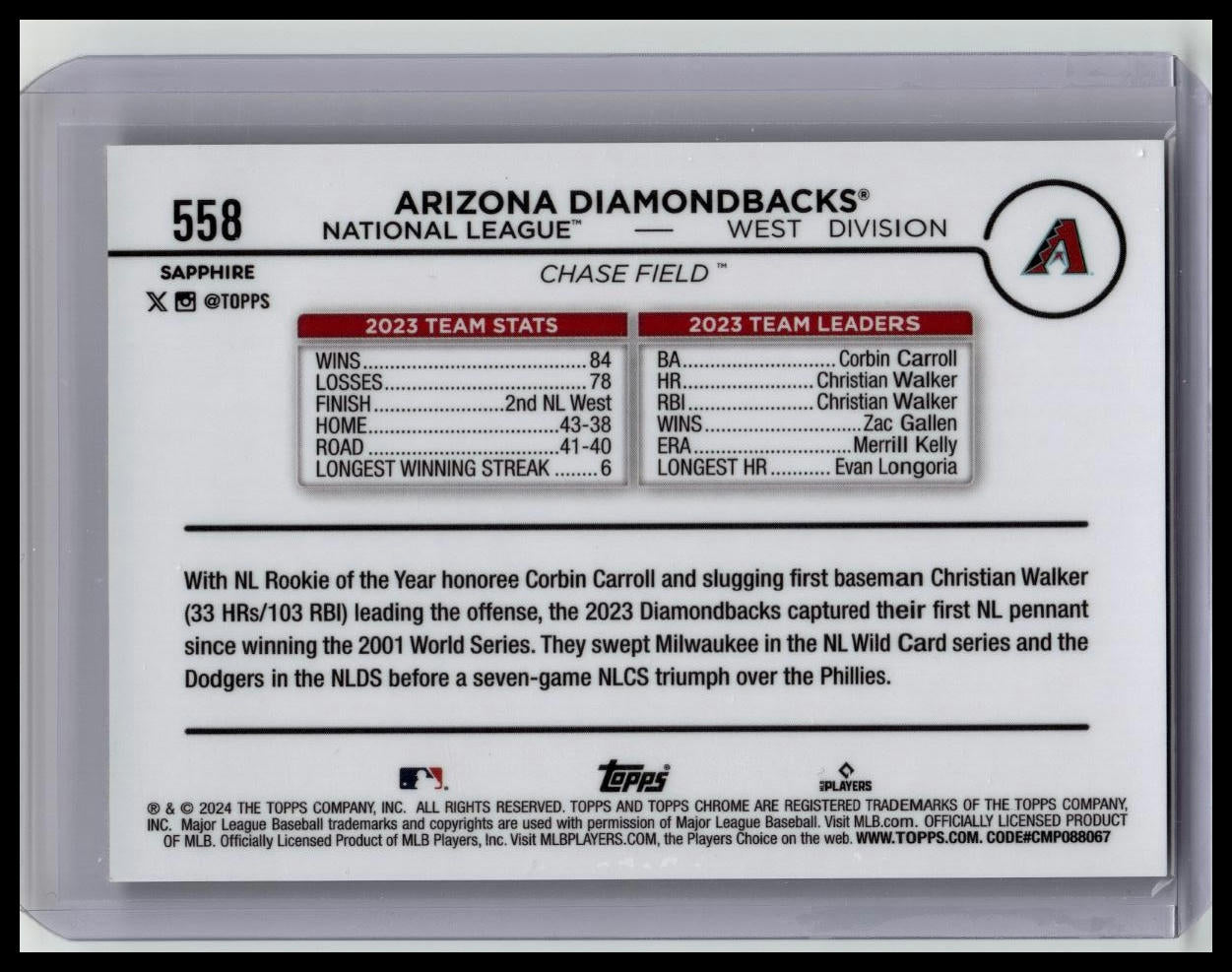 2024 Topps Chrome Sapphire Edition - Black #558 Arizona Diamondbacks /10