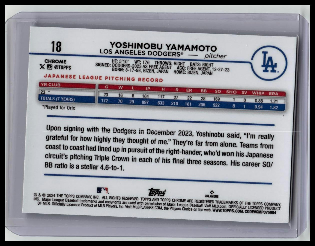 2024 Topps Chrome Yoshinobu Yamamoto Sepia Refractor RC #18 Dodgers