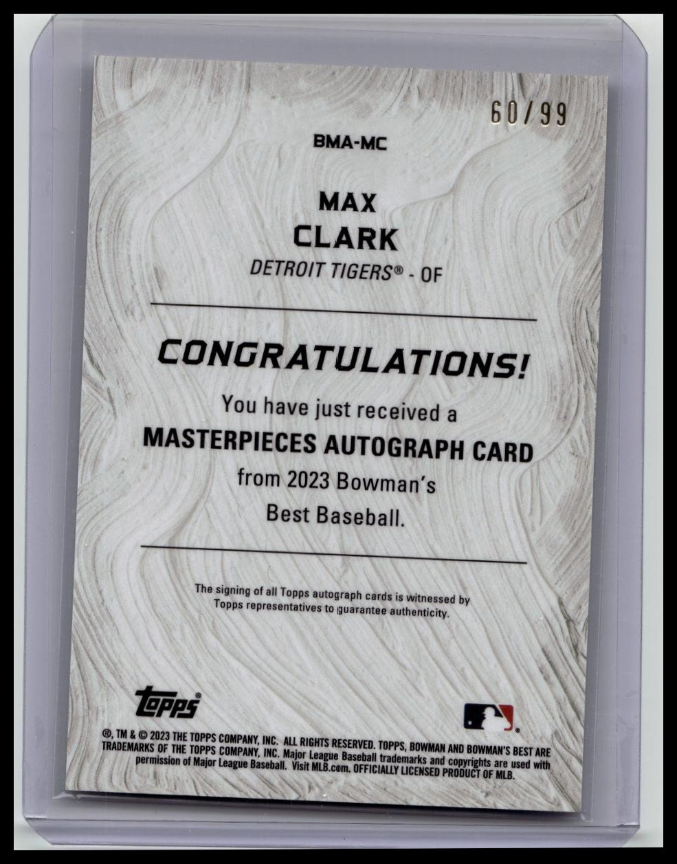 2023 Bowman's Best Max Clark Masterpieces Autograph Auto /99 Tigers SP