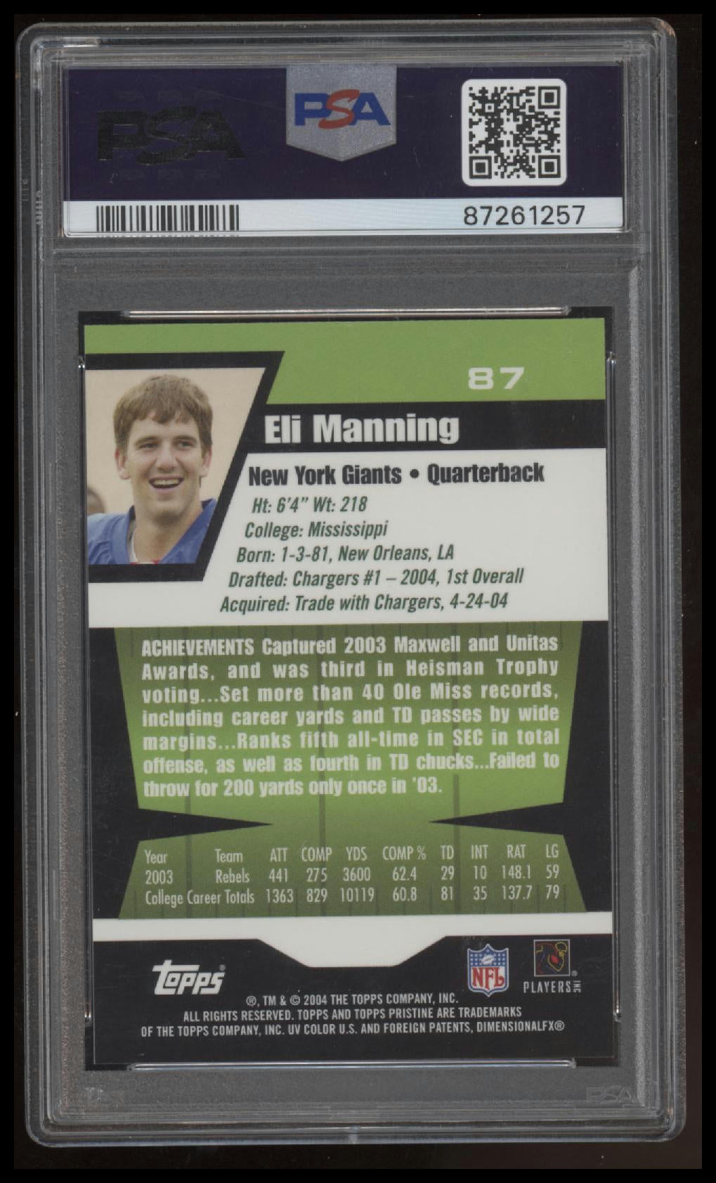 2004 Topps Pristine Eli Manning PSA 9 Giants