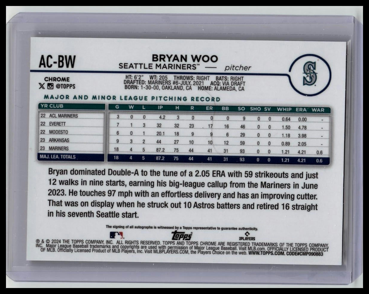 2024 Topps Chrome Update Orange /25 Bryan Woo AC-BW Auto Mariners (RC)