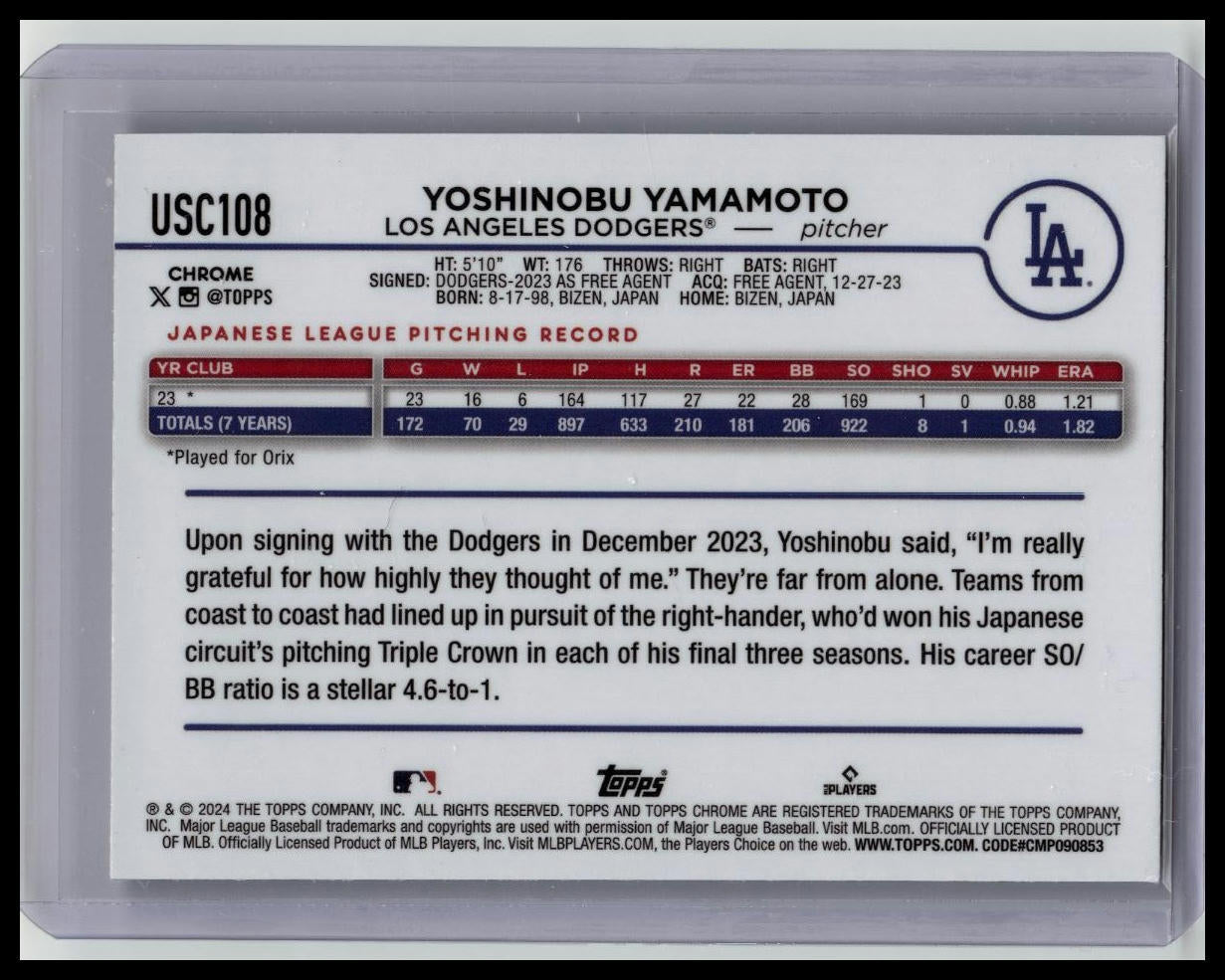 2024 Topps Chrome Update Yoshinobu Yamamoto Image Variation SP Rookie RC #USC108