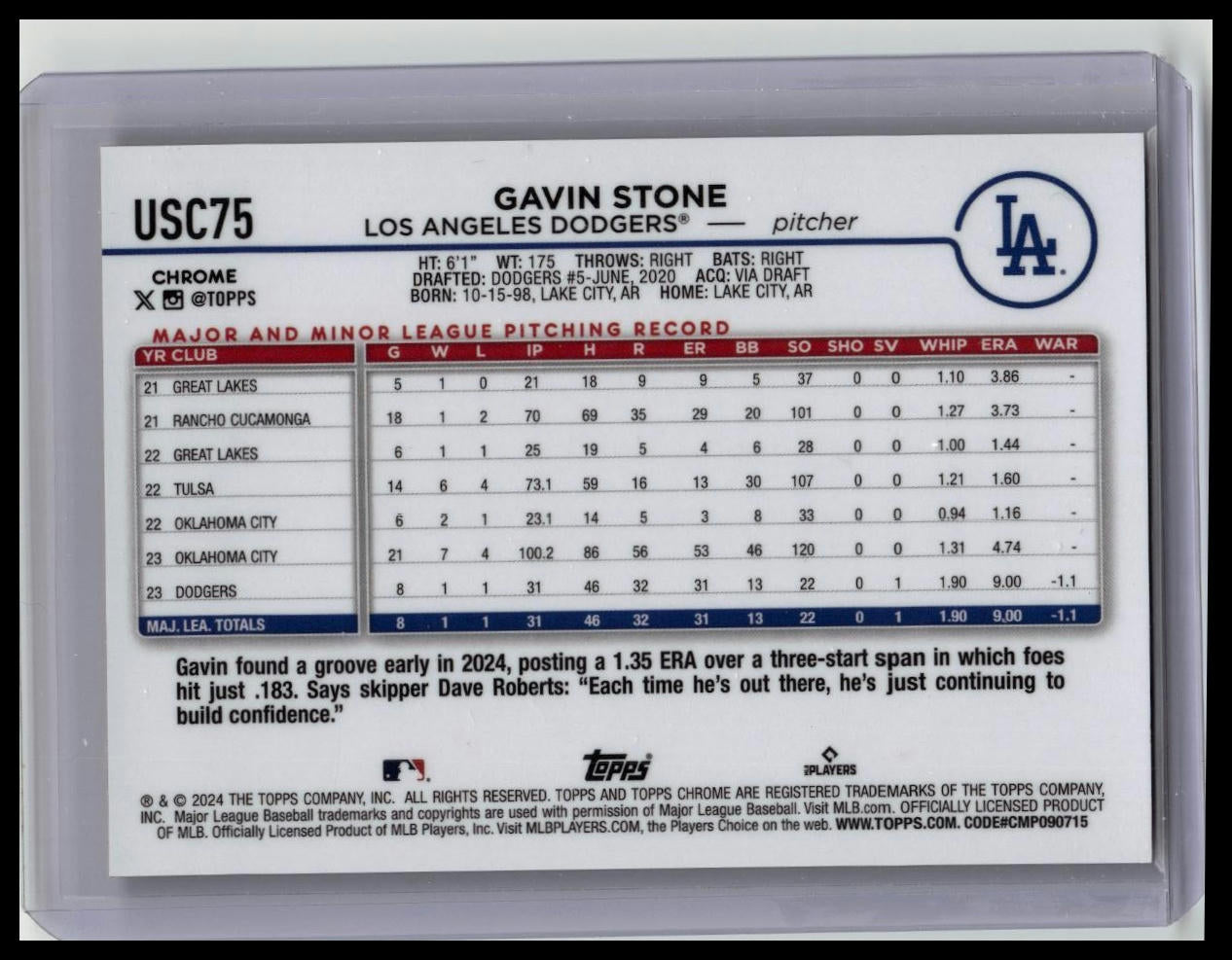 2024 Topps Chrome Update Orange Refractor Gavin Stone #17/25 (USC75) Dodgers