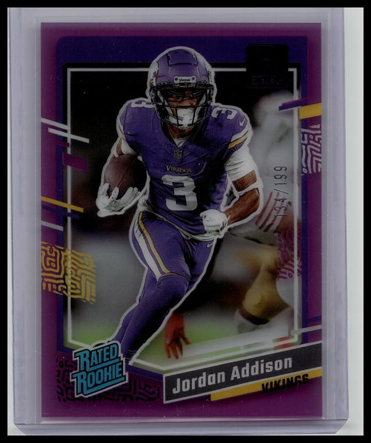 JORDAN ADDISON 2023 CLEARLY DONRUSS RATED ROOKIE PURPLE #70 RC /199