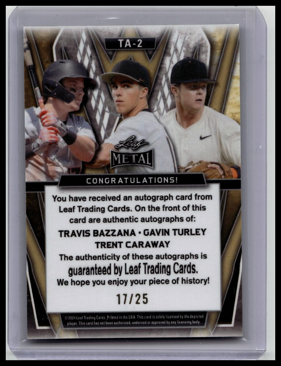 2024 Leaf Metal Triple Auto Travis Bazzana Gavin Turley Trent Caraway #/25