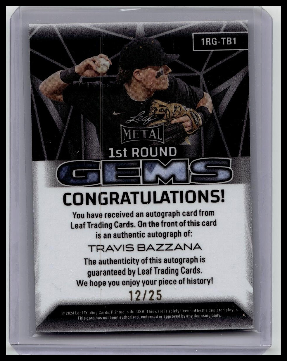 2024 Leaf Metal Baseball Travis Bazzana 1st Round Gems Auto 12/25