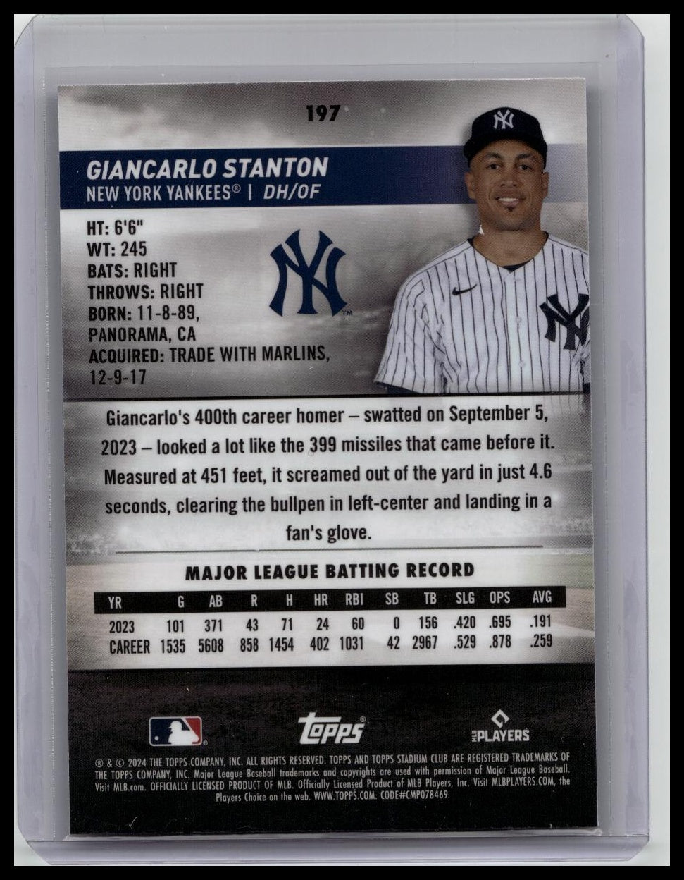 2024 Stadium Club Baseball Purple Foil #197 Giancarlo Stanton /75 SP Yankees