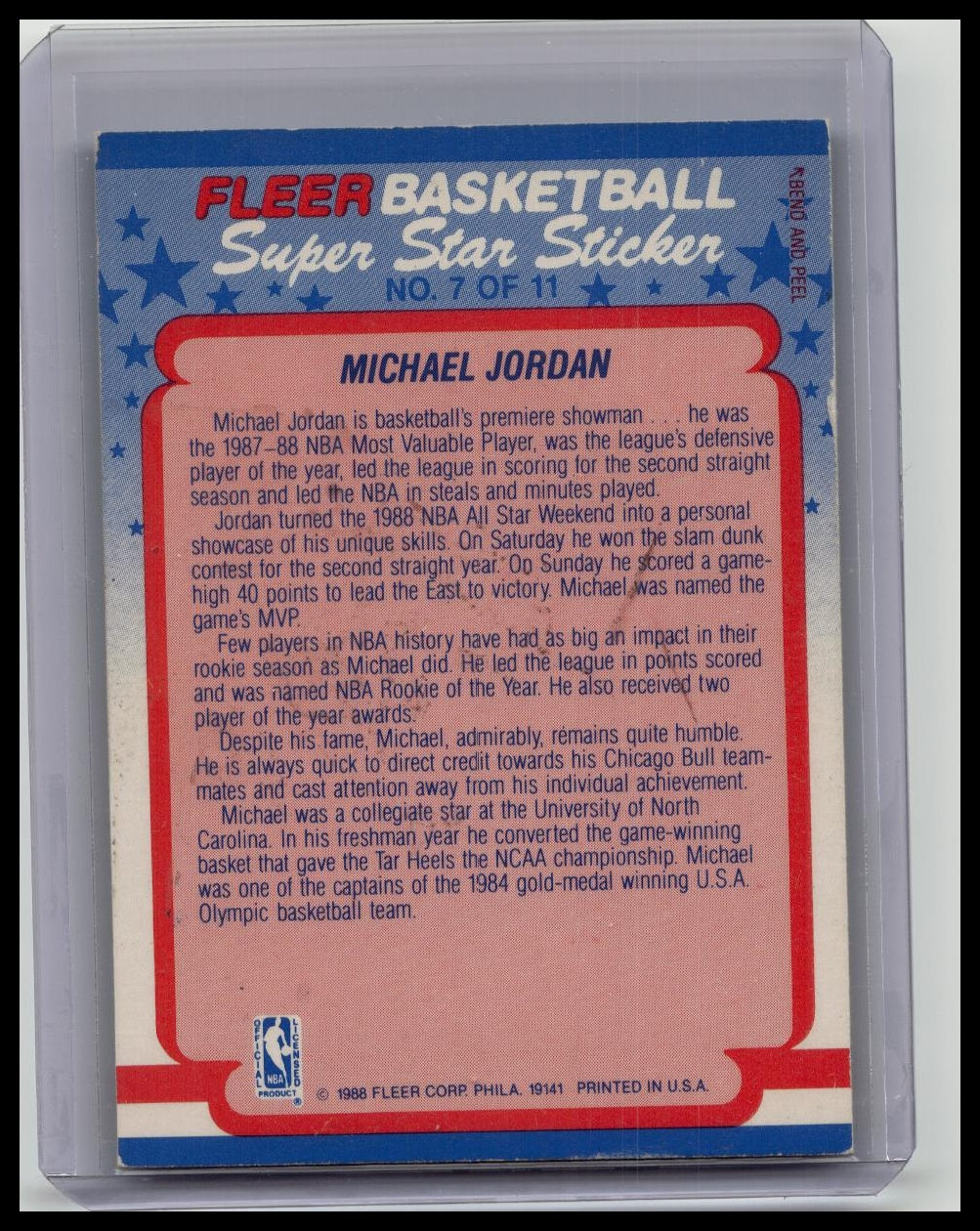 1988 Fleer MICHAEL JORDAN #7 Super Star Sticker Chicago Bulls