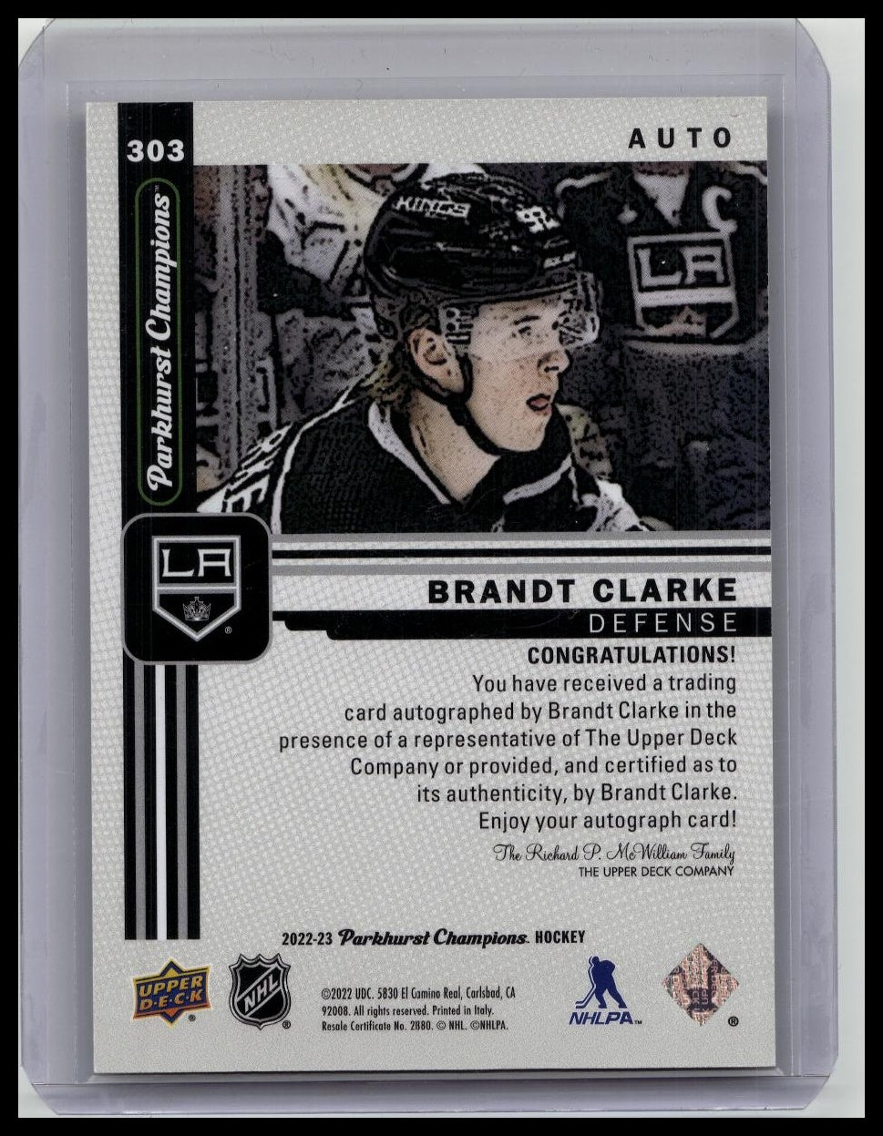 2022 Upper Deck Parkhurst Champions SP Rookies Brandt Clarke #303 Rookie Auto RC