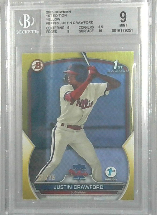 2023 Bowman 1st Edition Yellow /75 Justin Crawford Bgs 9