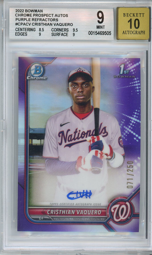 2022 Bowman Chrome Christhian Vaquero 1st Bowman Purple Refractor Auto /250 BGS 9 Mint