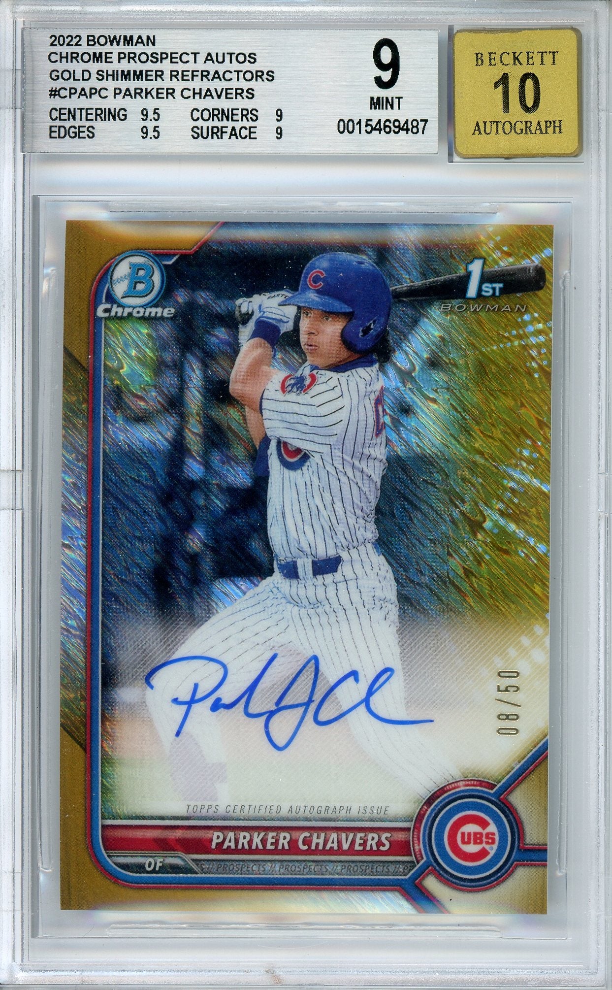 2022 Bowman Chrome Parker Chavers Gold Shimmer 1st Bowman Auto /50 BGS 9 Mint