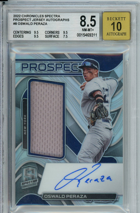 2022 Chronicles Spectra Oswald Peraza Prospect Jersey Auto /99 BGS 8.5 Near Mint / Mint +