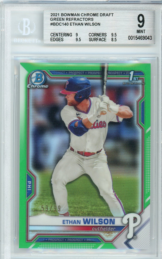 2021 Bowman Chrome Draft Ethan Wilson 1st Bowman Green Refractor /99 BGS 9 Mint