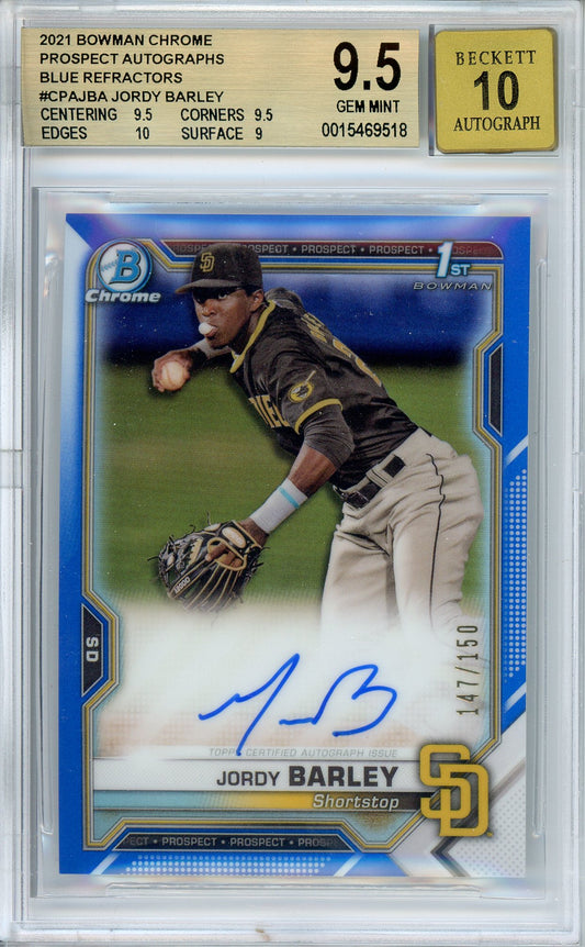 2022 Bowman Chrome Jordy Barley 1st Bowman Blue Refractor Auto /150 BGS 9.5 Gem Mint