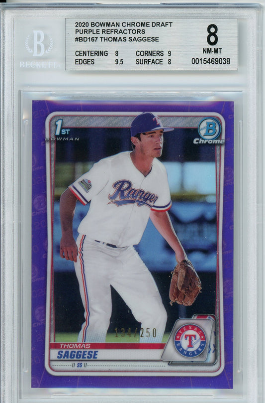 2020 Bowman Chrome Thomas Saggese 1st Bowman Purple Refractor /250 BGS 8 Near Mint