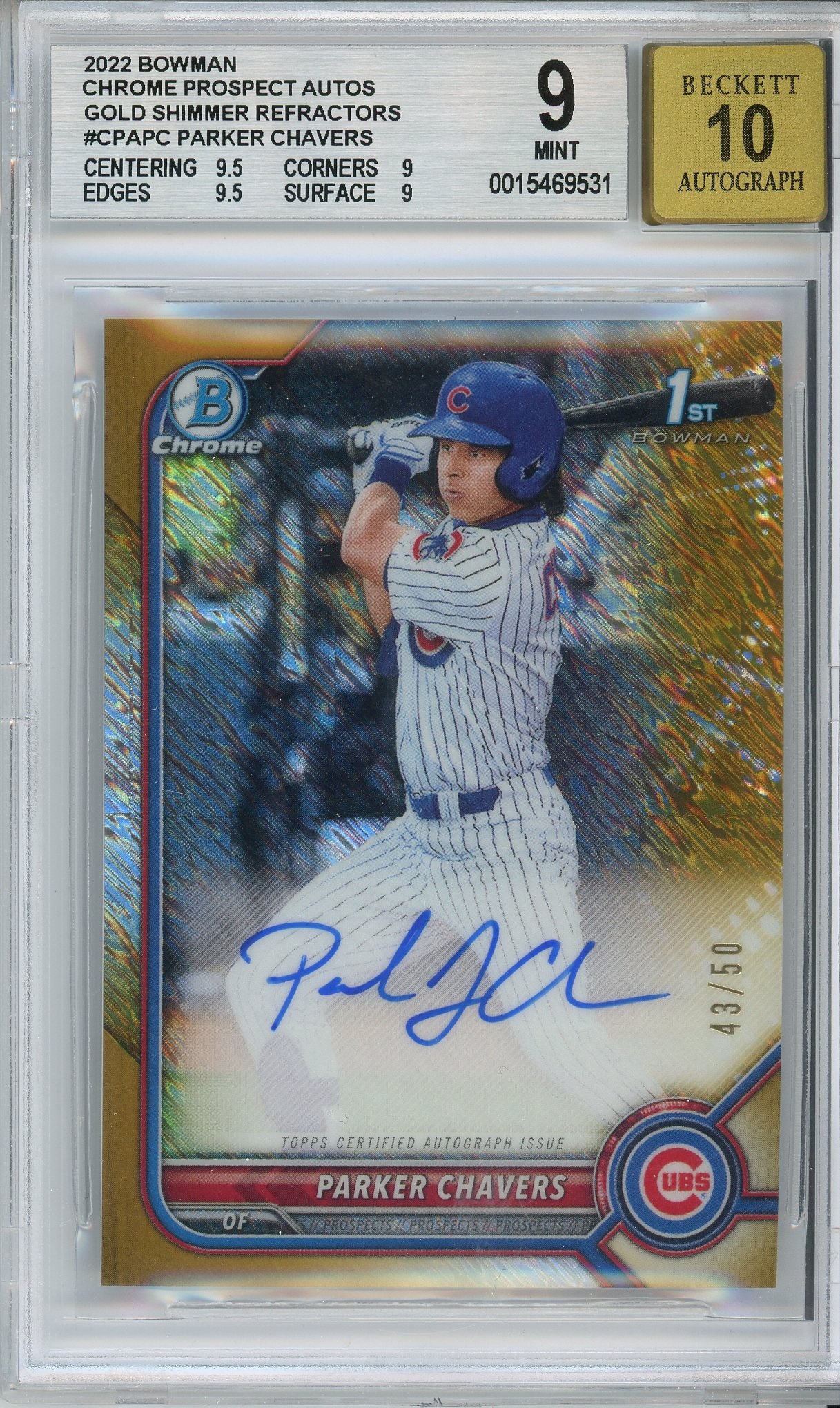 2022 Bowman Chrome Parker Chavers Gold Shimmer 1st Bowman Auto /50 BGS 9 Mint