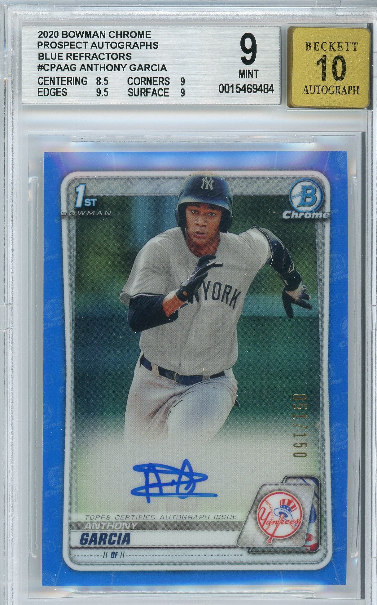 2020 Bowman Chrome Anthony Garcia 1st Bowman Blue Refractor Auto /150 BGS 9 Mint