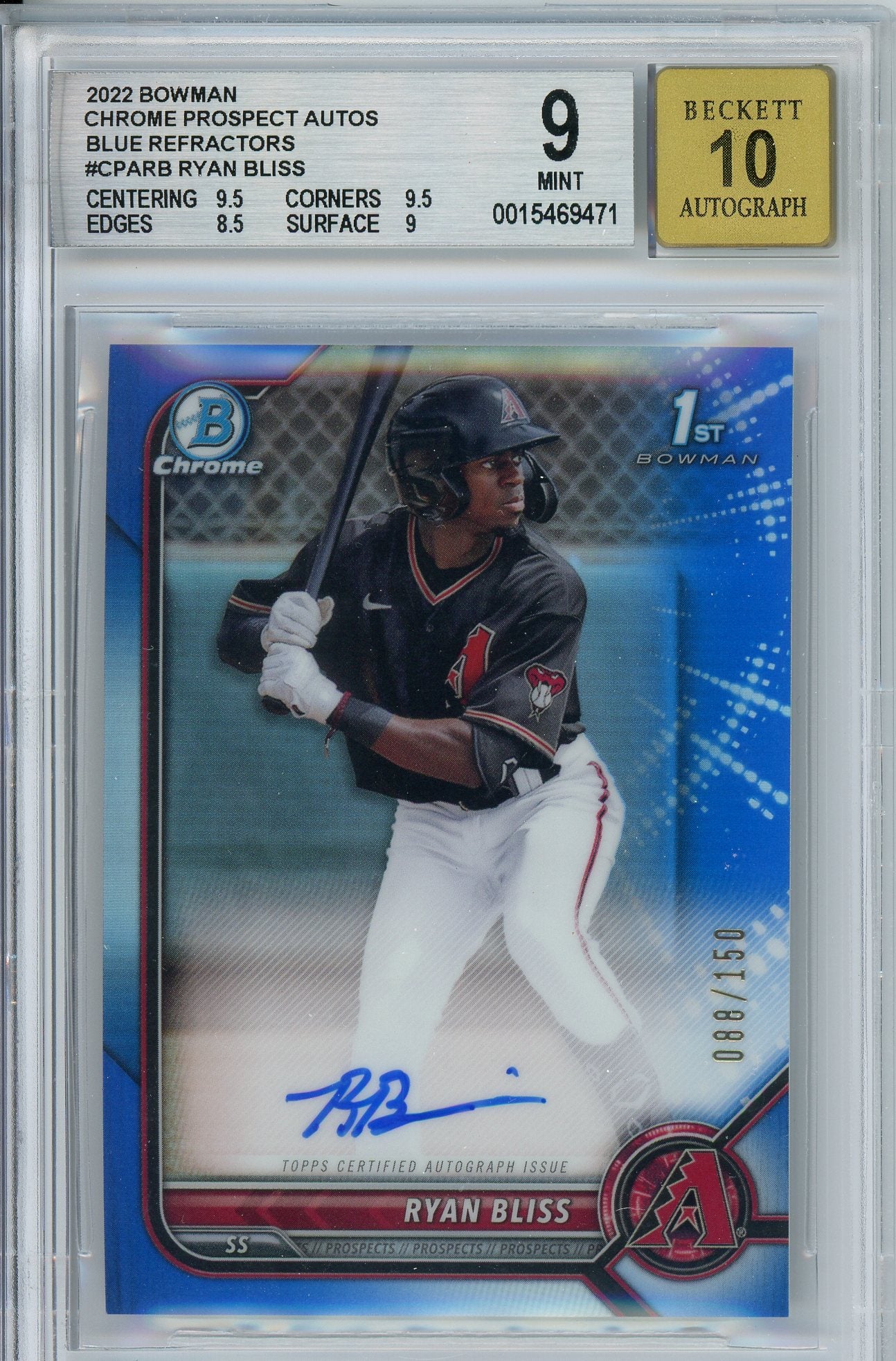 2022 Bowman Chrome Ryan Bliss 1st Bowman Blue Refractor Auto /150 BGS 9 Mint