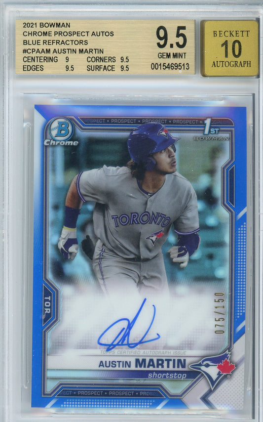 2021 Bowman Chrome Austin Martin 1st Bowman Blue Refractor Auto /150 BGS 9.5 Gem Mint