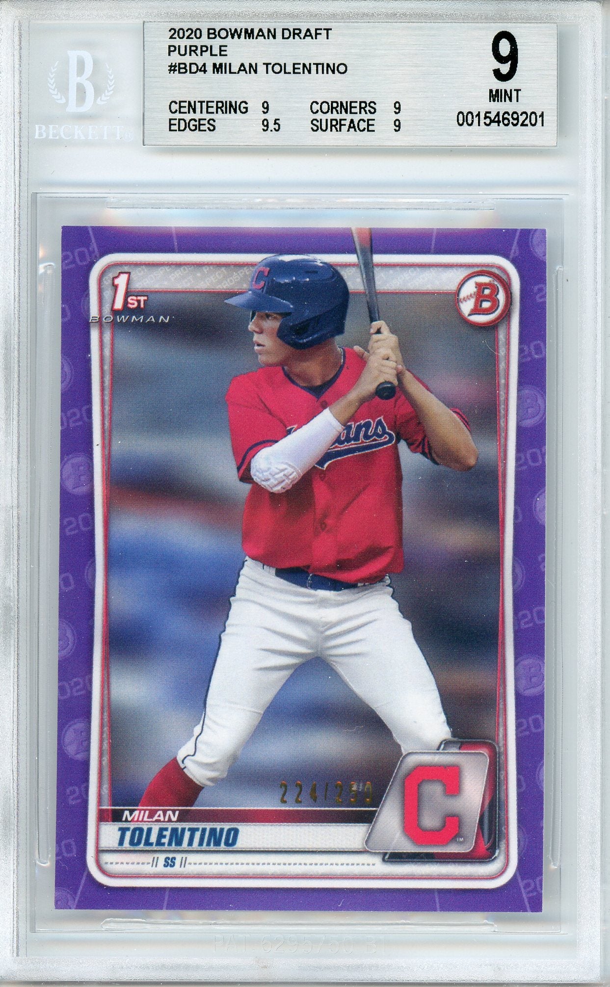 2020 Bowman Draft Milan Tolentino Purple /250 BGS 9 Mint