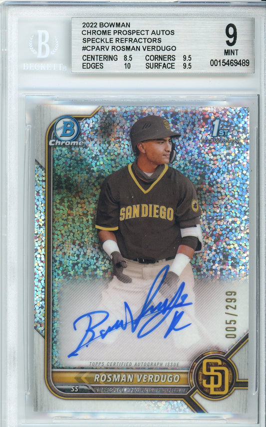 2022 Bowman Chrome Rosman Vergugo 1st Bowman Speckle Refractor Auto /299 BGS 9 Mint